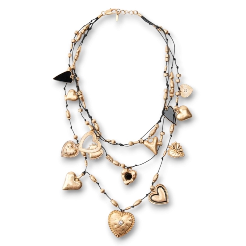 ZARA Multi Charm Heart Necklace, gold & black NWT